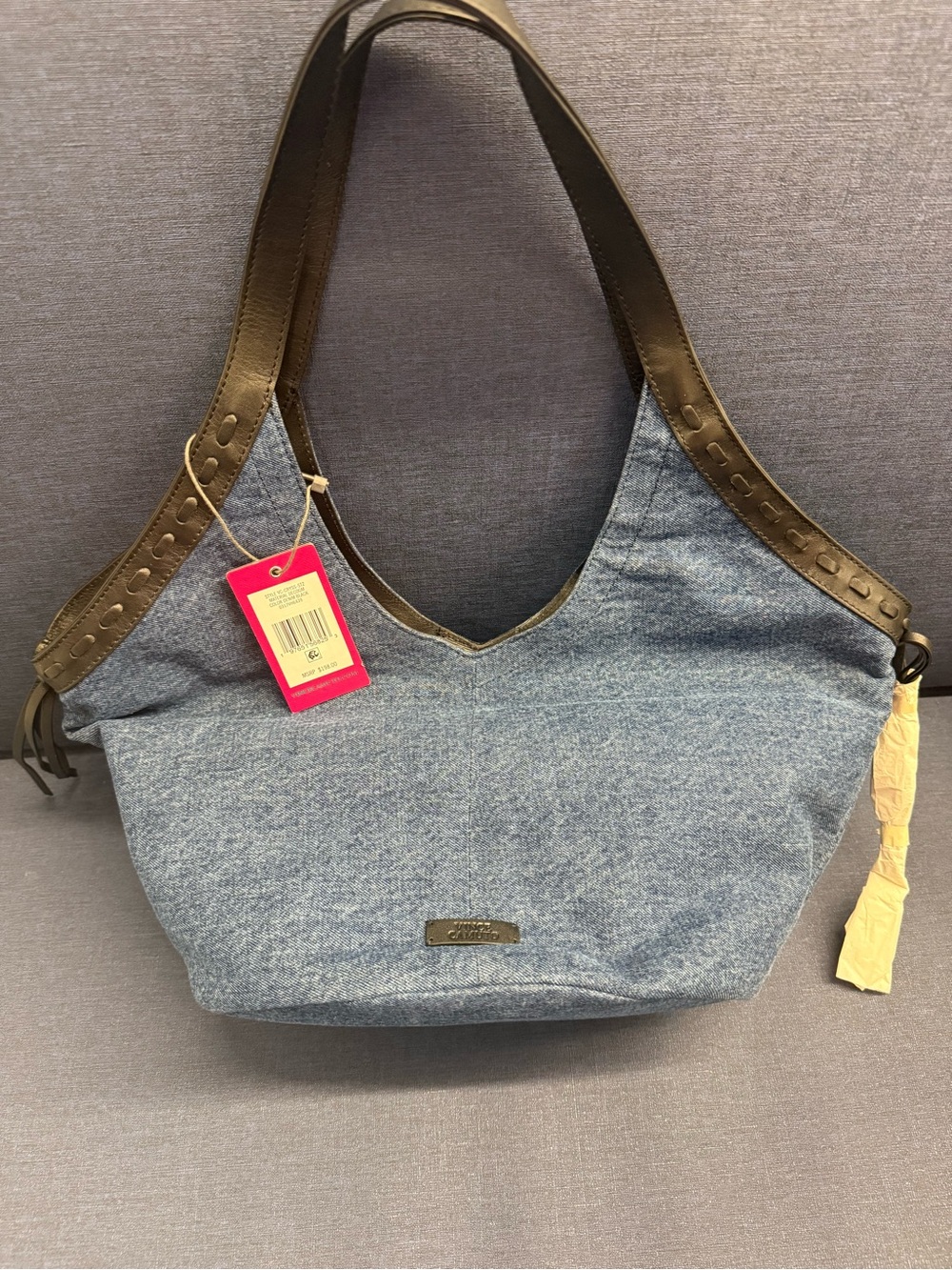 Vince Camuto Women's Blue Canvas Shoulder Bag with Brown Trim